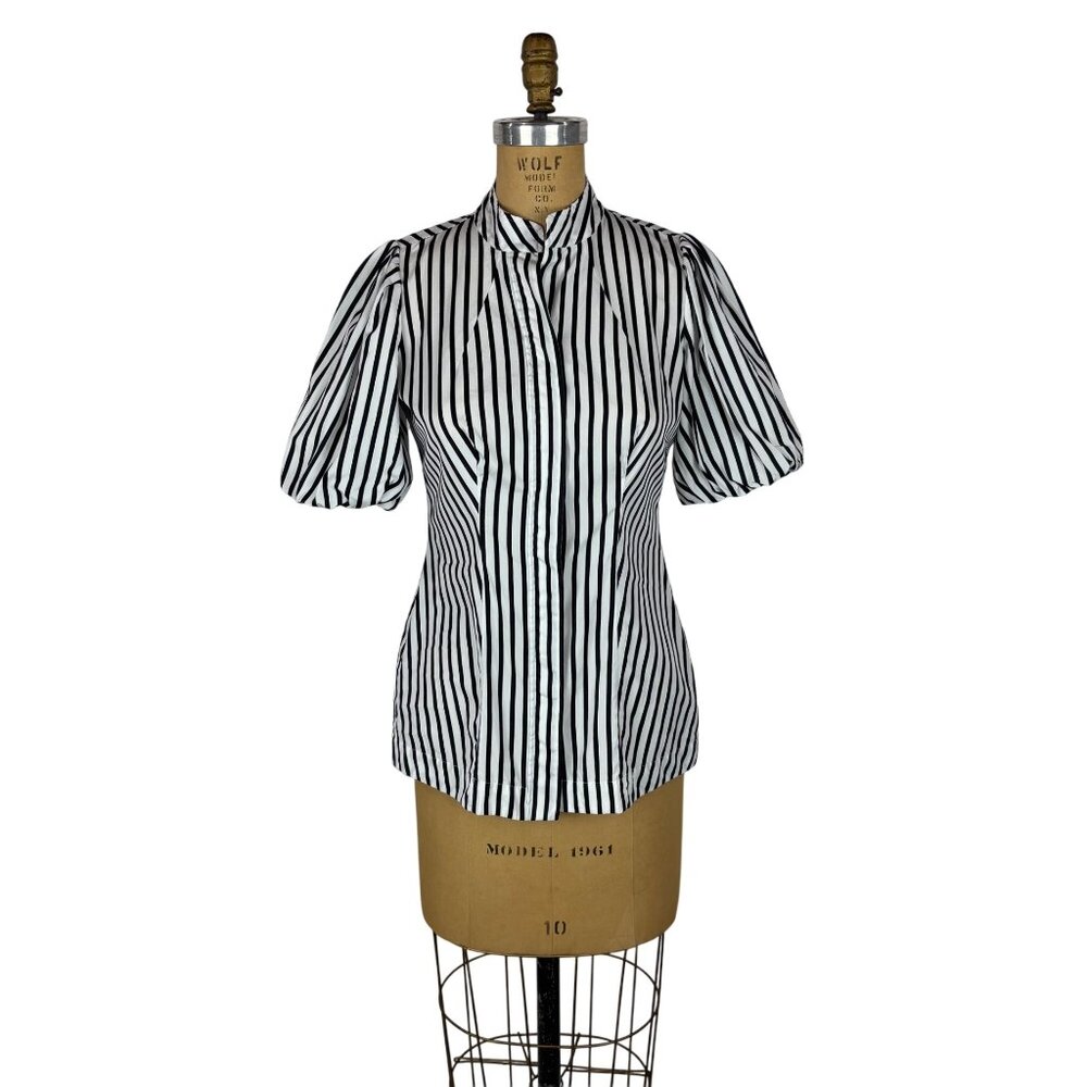 Banana Republic Stripe Top Womens Size Small Y2K Black White Striped Puff Sleeve - Picture 1 of 12